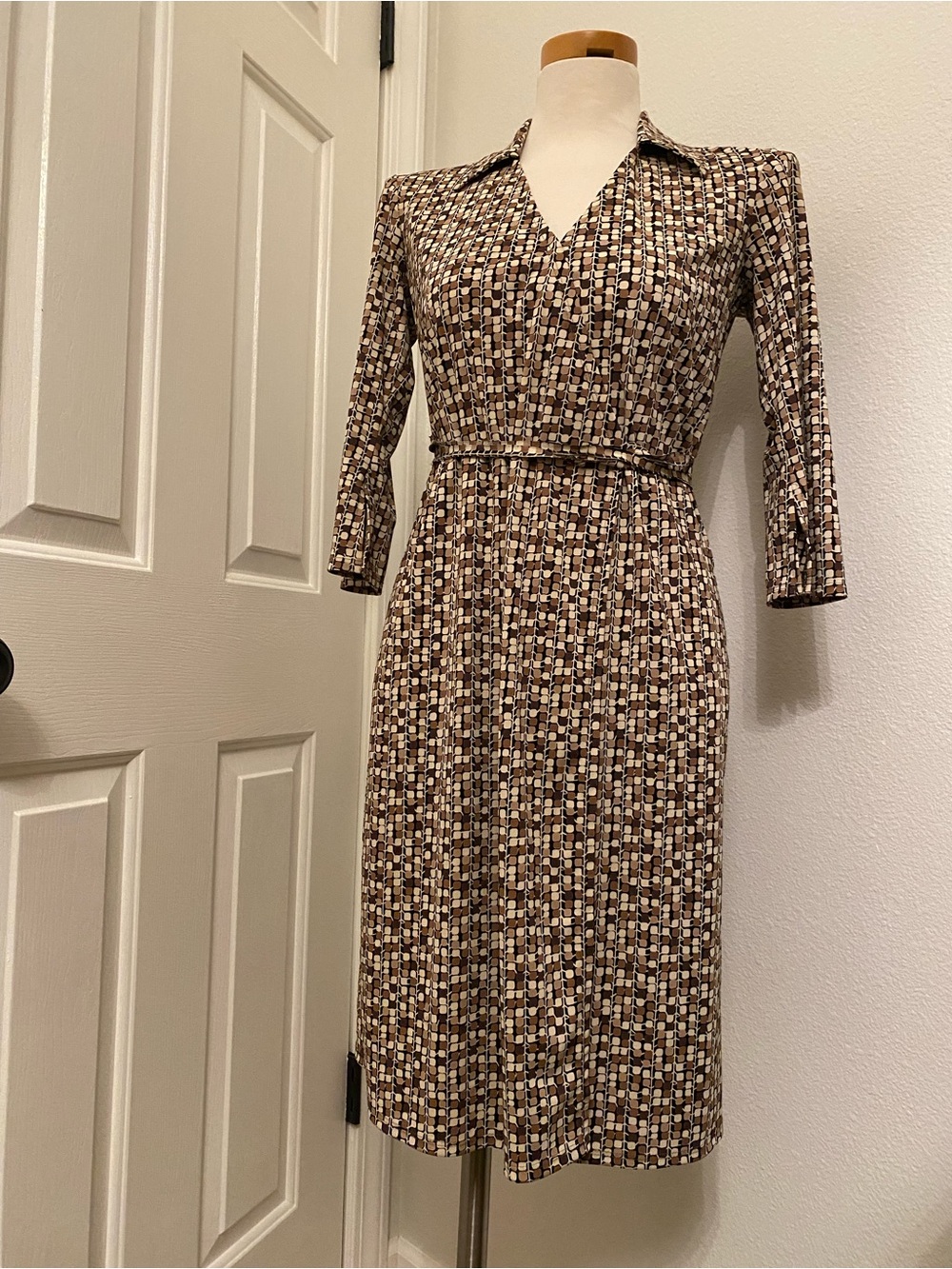 Max Studio Brown & Cream Printed Mid-Sleeve Collared Dress with buckle belt